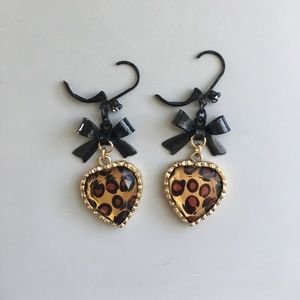 Betsey Johnson Leopard Heart Bow Drop Earrings